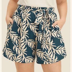 Bloomchic Elastic Waist Plants Print Contrast Pocket Belted Shorts